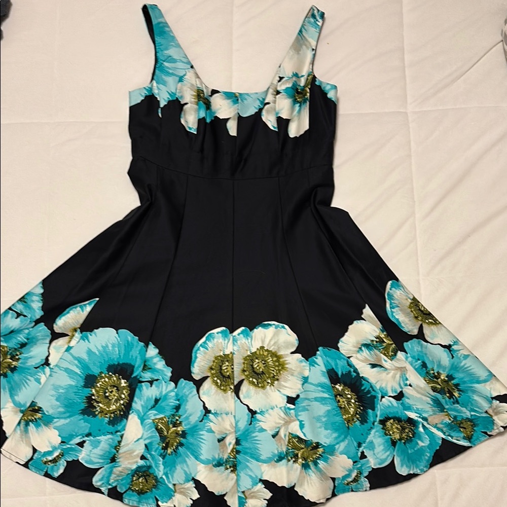 Jessica Howard 6P Floral Black and Blue Dress with Tag. Aqua Flowers